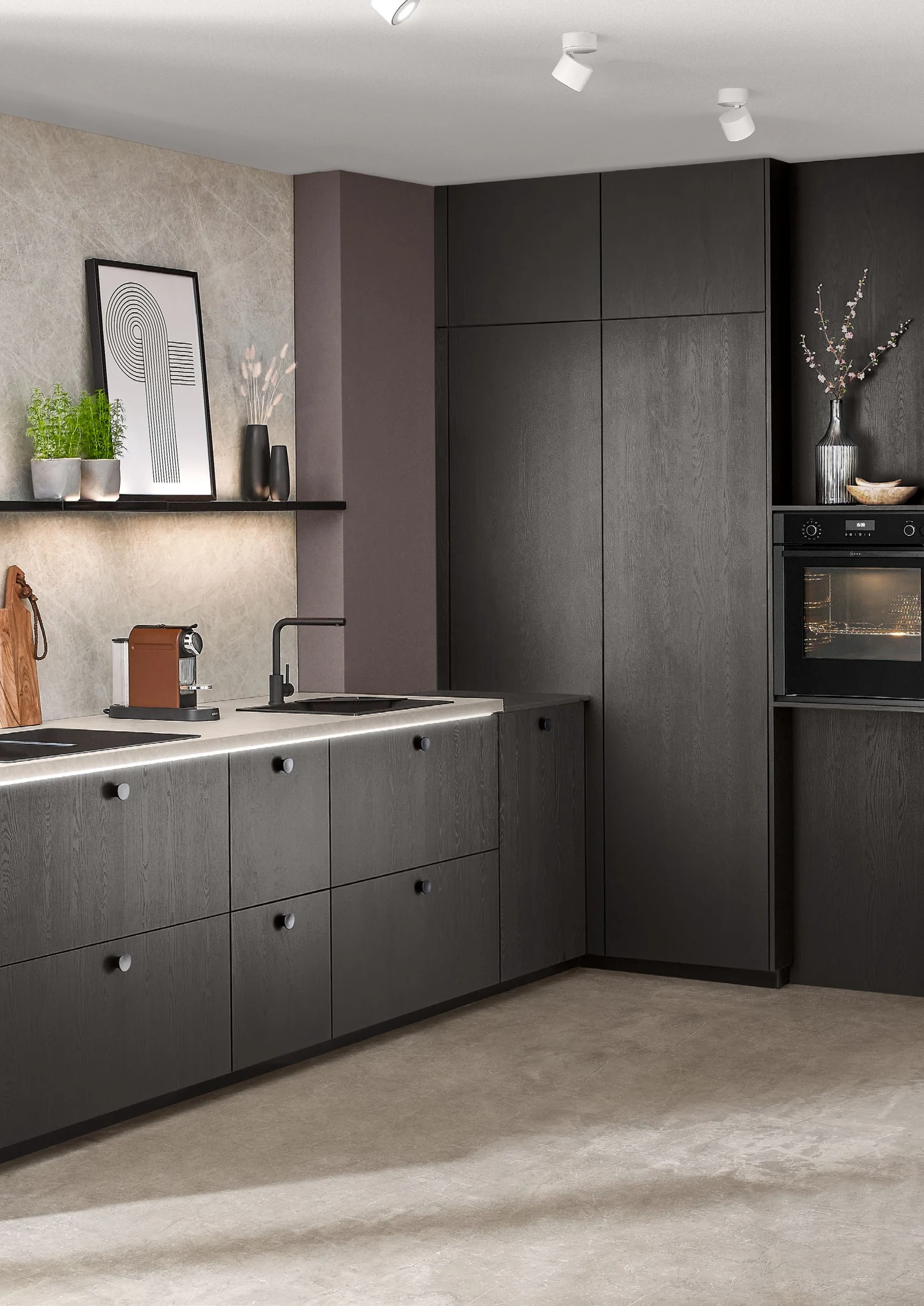 Cuisine nobilia STRUCTURA 419, Décor chêne Nero, photographie du magazine Nouveautés 2027